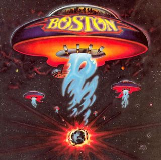 Boston album art showing three guitar-shaped spaceships escaping an exploding planet