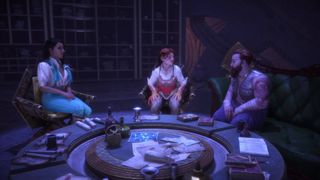 Dragon Age The Veilguard romance companions sitting with Rook