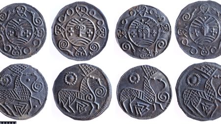 A close up of a series of round silver coins with various designs on them against a white background.