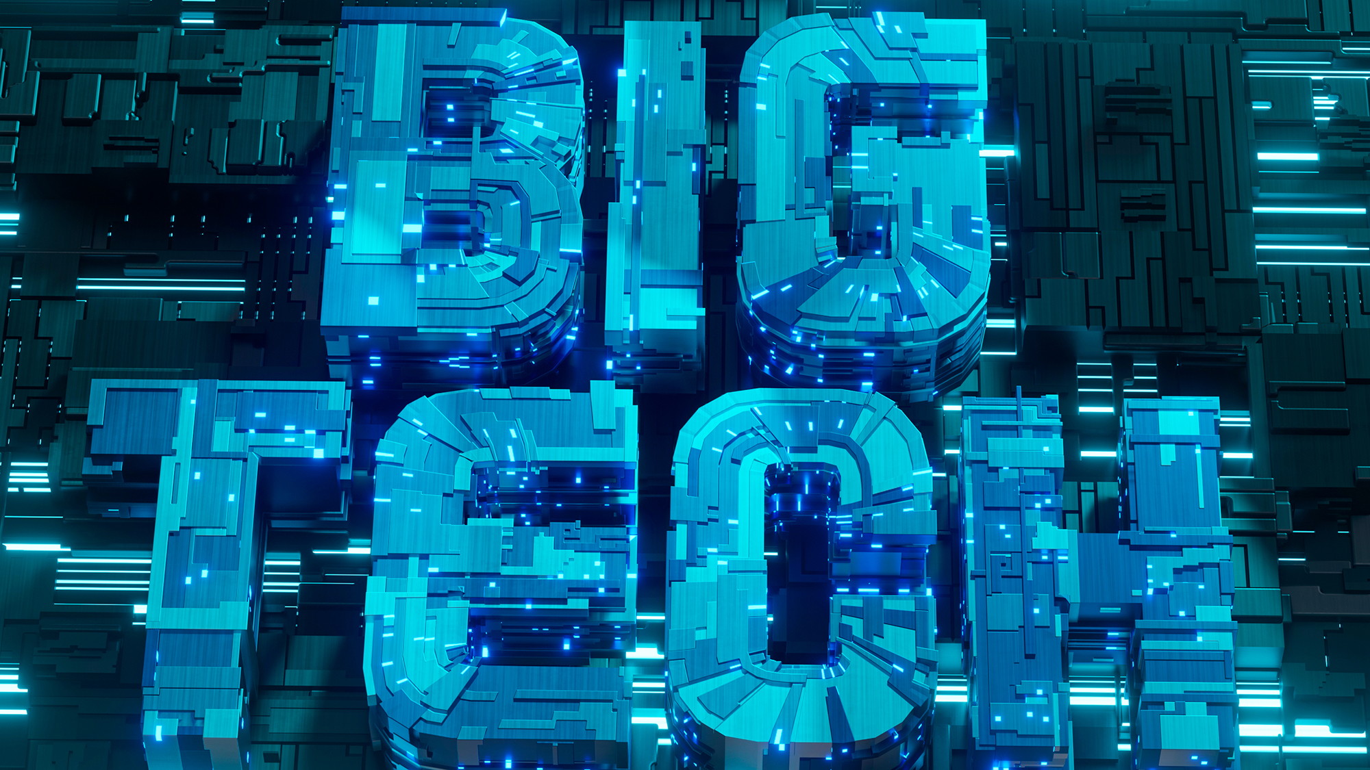 Big tech text made up out of blue neon lights
