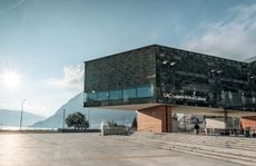 LAC Lugano Arte e Cultura building with mountains in the background