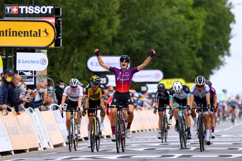 LANDERNEAU FRANCE JUNE 26 Demi Vollering of Netherlands and Team SD Worx stage winner celebrates at arrival Cecilie Uttrup Ludwig of Denmark and Team FDJ Nouvelle Aquitaine Futuroscope Marianne Vos of Netherlands and Jumbo Visma Team Anna Van Der Breggen of Netherlands and Team SD Worx Grace Brown of Australia and Team BikeExchange during the 8th La Course By Le Tour De France 2021 a 1077km race from Brest to Landerneau Cte De La Fosse Aux Loups 176m LaCourse LeTour TDF2021 UCIWWT on June 26 2021 in Landerneau France Photo by Tim de WaeleGetty Images