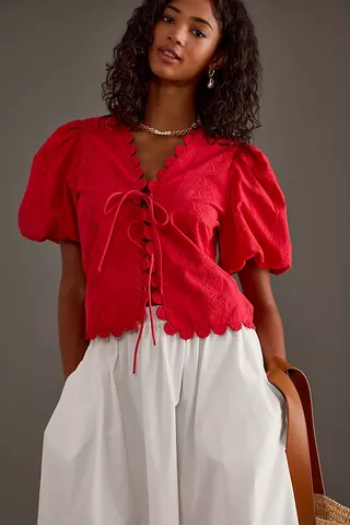 Puff-Sleeve Tie-Front Blouse