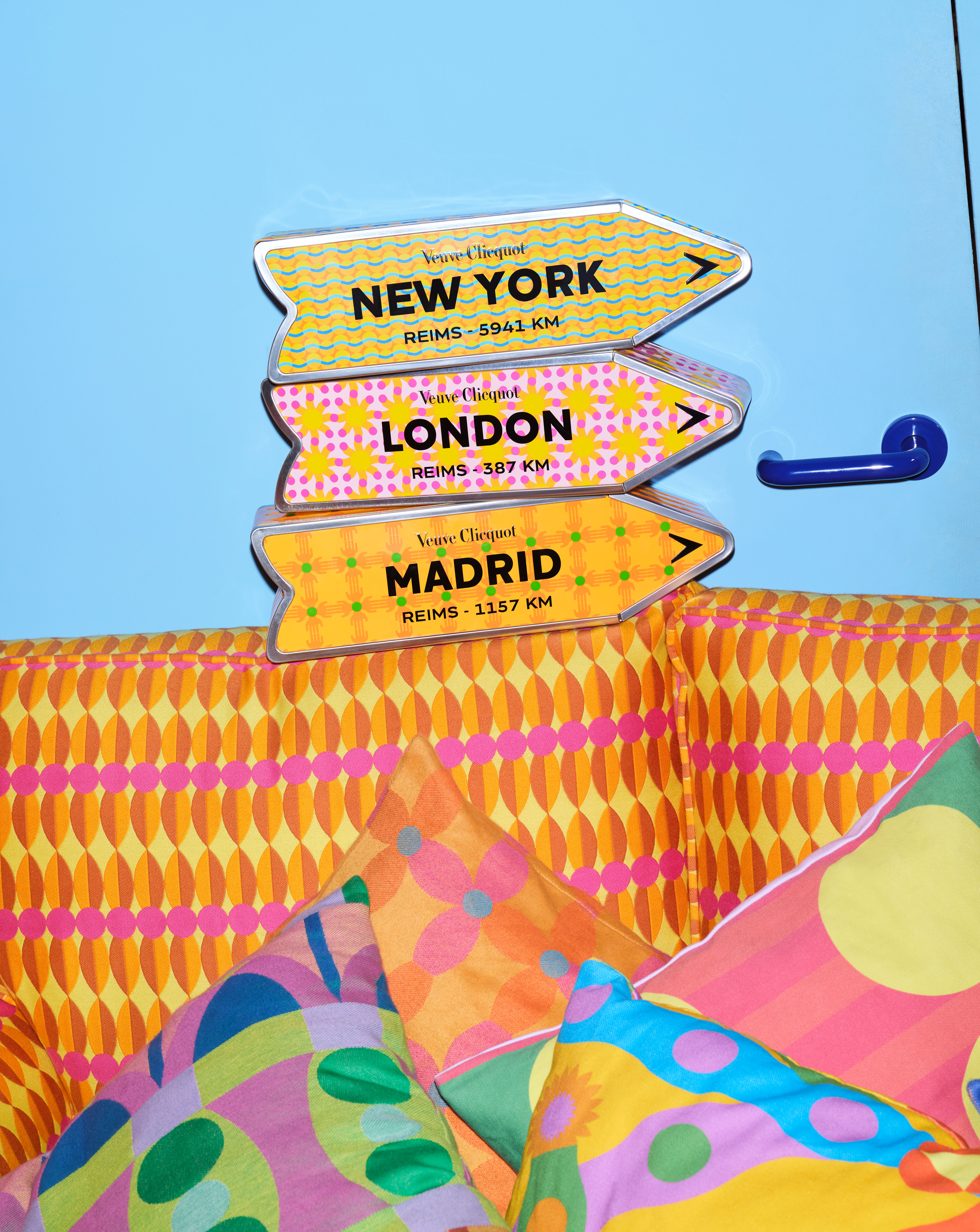 Champagne arrow boxes by Yinka Ilori for Veuve Clicquot