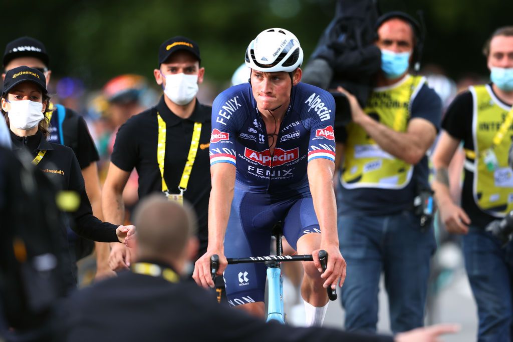 MRDEBRETAGNE GUERLDAN FRANCE JUNE 27 Mathieu Van Der Poel of The Netherlands and Team AlpecinFenix stage winner celebrates at arrival during the 108th Tour de France 2021 Stage 2 a 1835km stage from PerrosGuirec to MrdeBretagne Guerldan 293m LeTour TDF2021 on June 27 2021 in MrdeBretagne Guerldan France Photo by Michael SteeleGetty Images