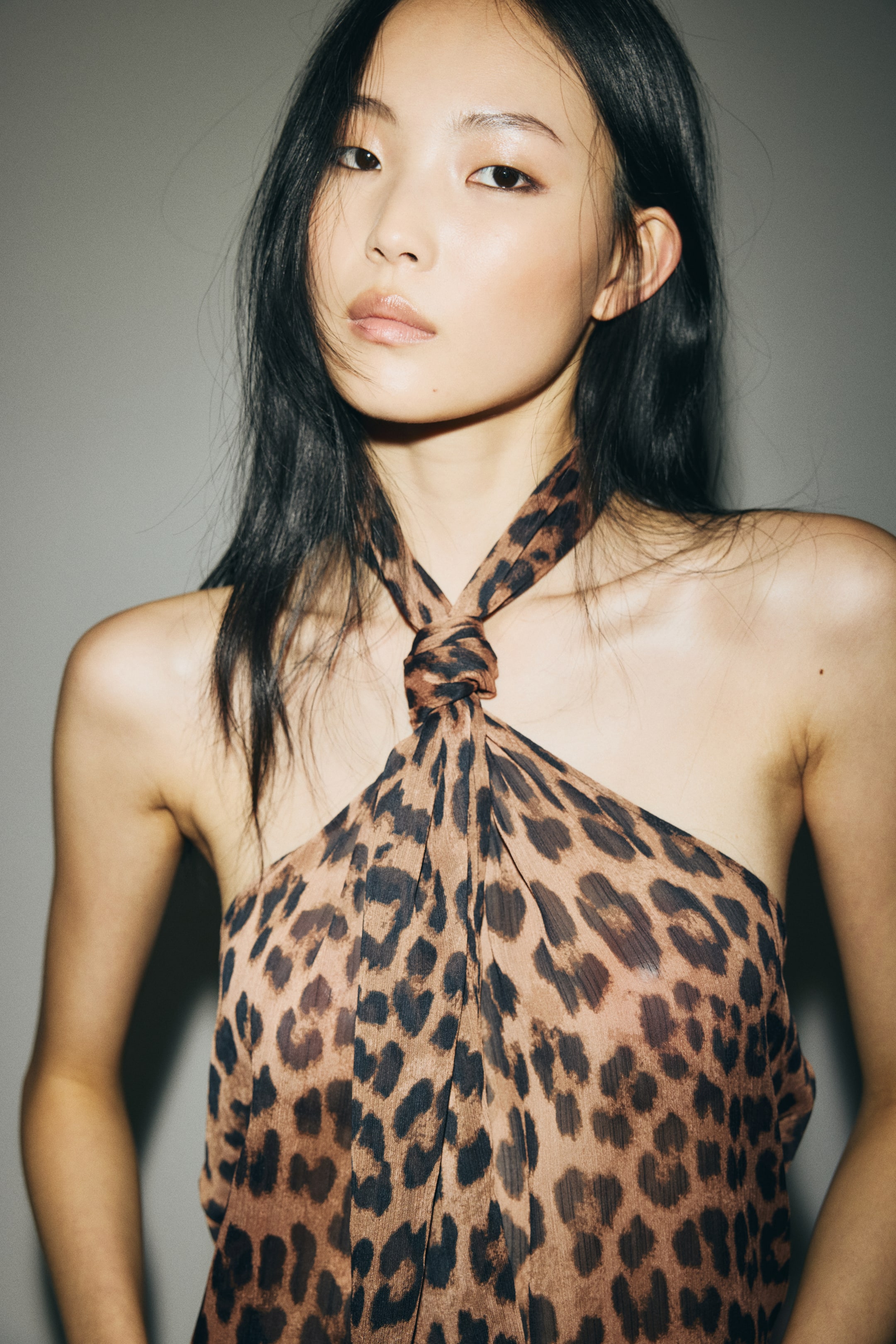 Halterneck Chiffon Top - Beige/leopard Print