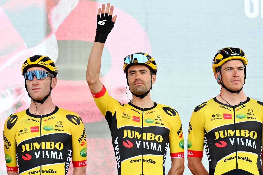 VISEGRAD HUNGARY MAY 06 Tom Dumoulin of Netherlands and Team Jumbo Visma C with teammates during the team presentation prior to the 105th Giro dItalia 2022 Stage 1 a 195km stage from Budapest to Visegrd 337m Giro WorldTour on May 06 2022 in Visegrad Hungary Photo by Stuart FranklinGetty Images