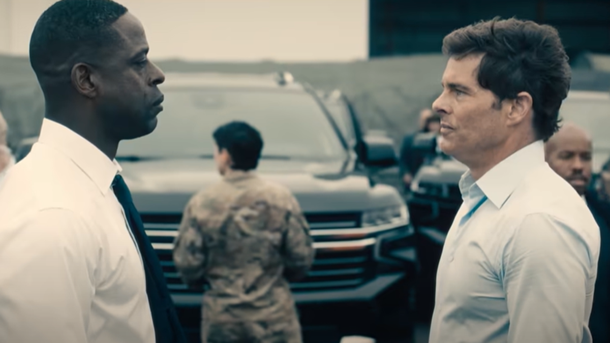 Secret Security Agent Xavier Collins (Sterling K. Brown) looking somberly at President Cal Bradford (James Marsden) in a screenshot from the Hulu thriller Paradise.