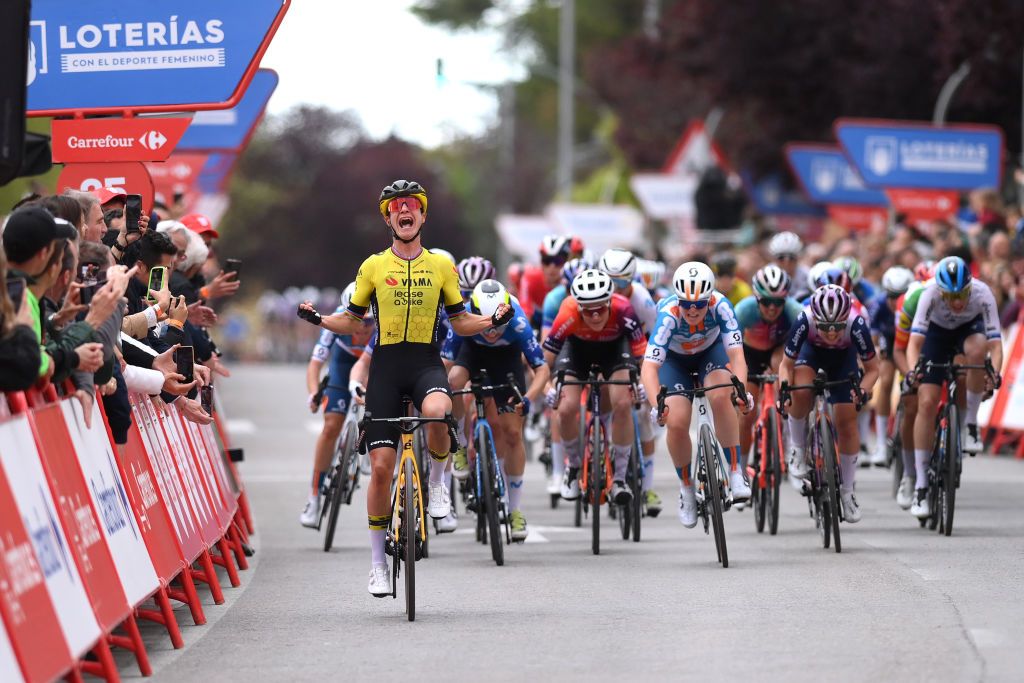 TERUEL SPAIN APRIL 30 Marianne Vos of The Netherlands and Team Visma Lease a Bike celebrates at finish line as stage winner during the 10th La Vuelta Femenina 2024 Stage 3 a 1303km stage from Lucena del Cid to Teruel UCIWWT on April 30 2024 in Teruel Spain Photo by Alex BroadwayGetty Images