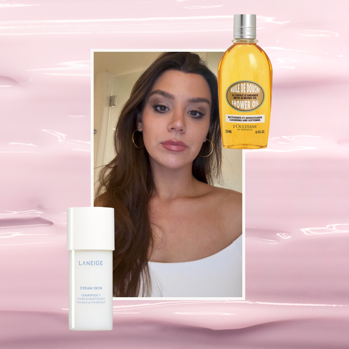 a girl with long brown hair and a white top framed over a pink cream skincare background with two skincare products to the left and right