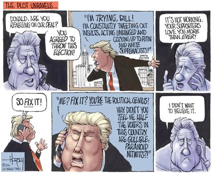 Political cartoon U.S. Donald Trump Bill Clinton conspiracy election 2016