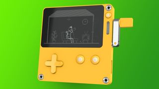 A Playdate gaming console on a green gradient background