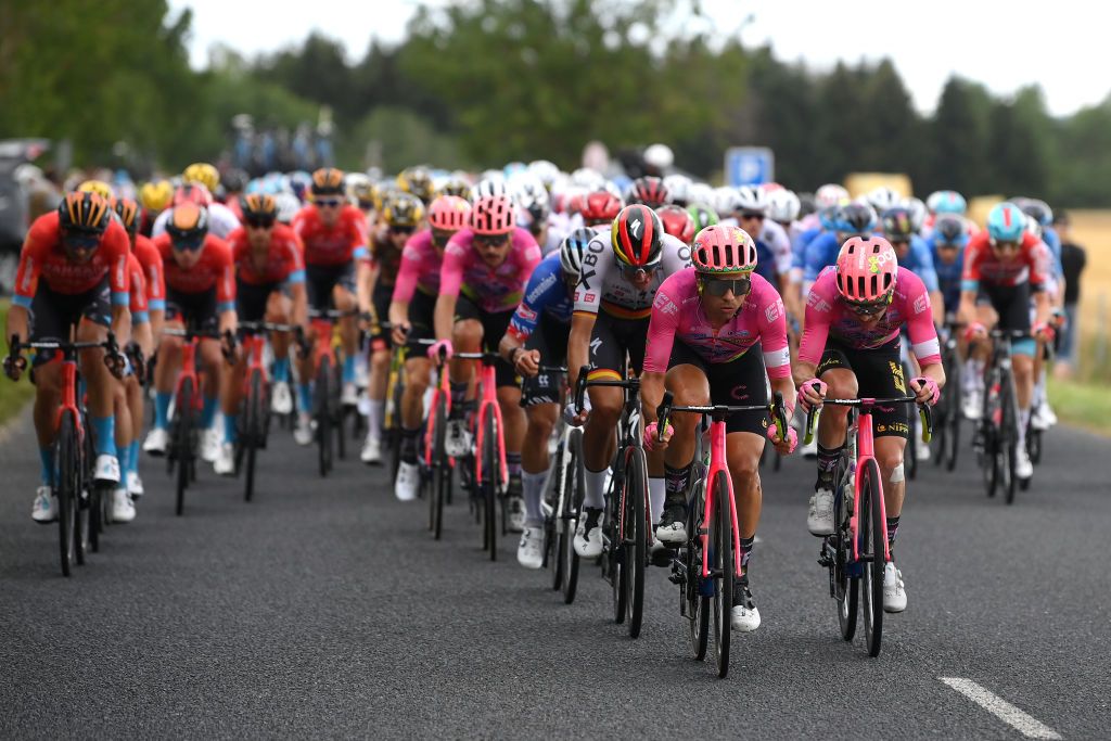 LONGWY FRANCE JULY 07 LR Stefan Bissegger of Switzerland and Owain Doull of United Kingdom and Team EF Education Easypost leads the peloton during the 109th Tour de France 2022 Stage 6 a 2199km stage from Binche to Longwy 377m TDF2022 WorldTour on July 07 2022 in Longwy France Photo by Alex BroadwayGetty Images