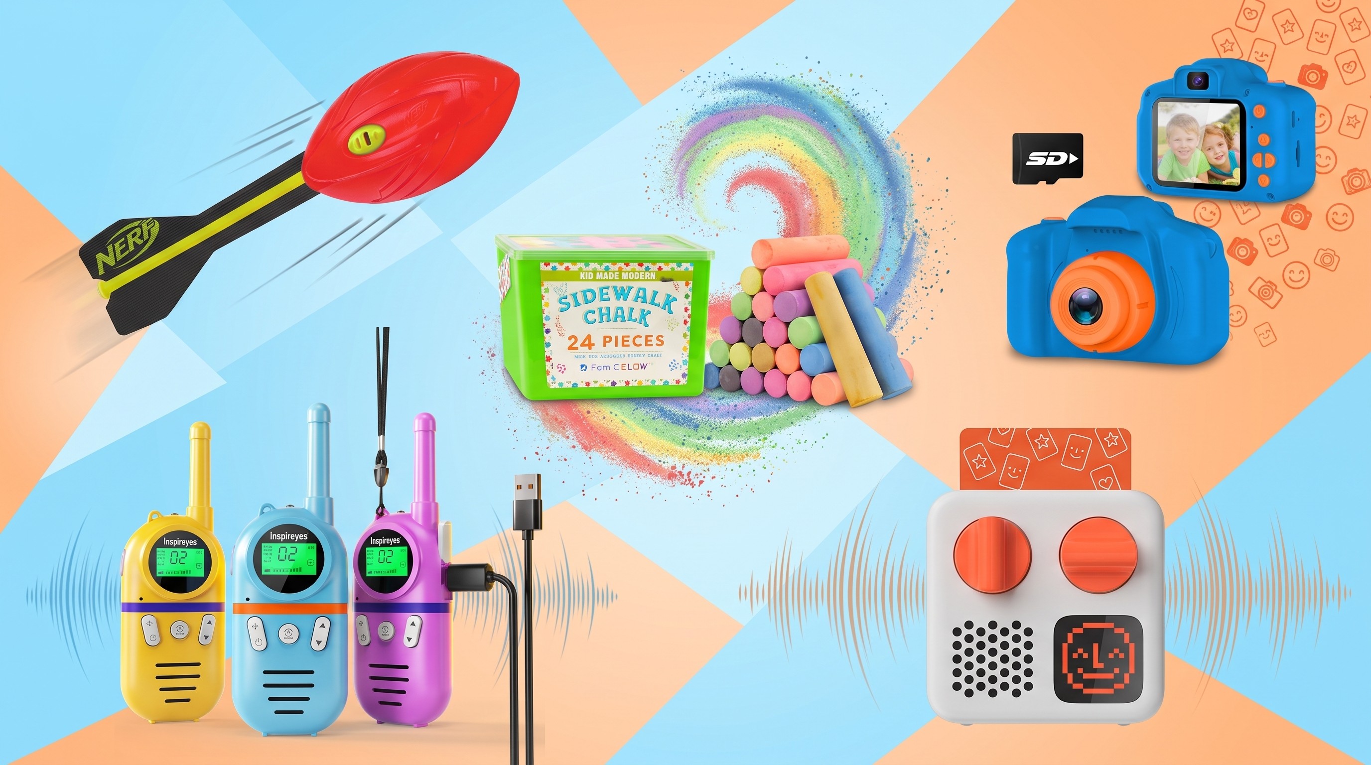 Essentials to keep kids entertained over summer on a light blue and orange background.