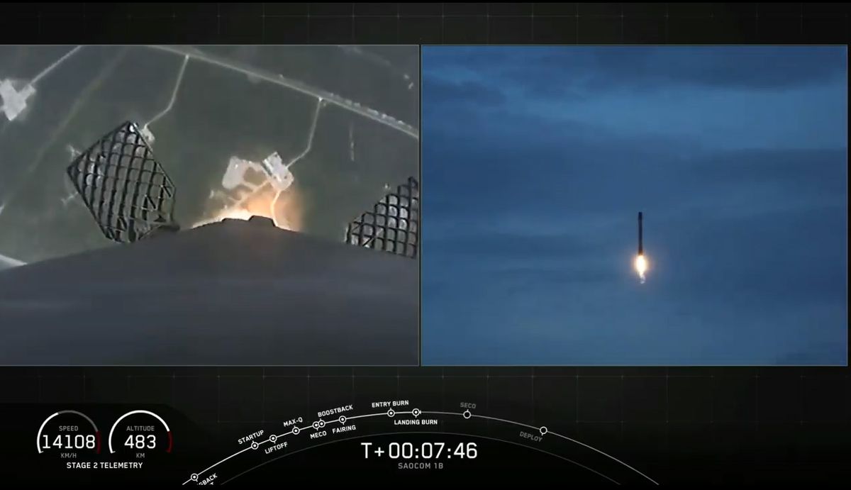 A SpaceX Falcon 9 rocket first stage returns to Earth for a touchdown at Landing Zone 1 at Cape Canaveral Air Force Station in Florida after the successful launch of Argentina's SAOCOM-1 Earth observation satellite and two rideshare payloads on Aug. 30, 2020.