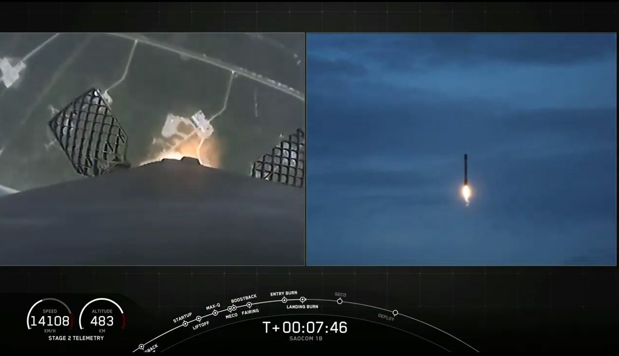 A SpaceX Falcon 9 rocket first stage returns to Earth for a touchdown at Landing Zone 1 at Cape Canaveral Air Force Station in Florida after the successful launch of Argentina's SAOCOM-1 Earth observation satellite and two rideshare payloads on Aug. 30, 2020.
