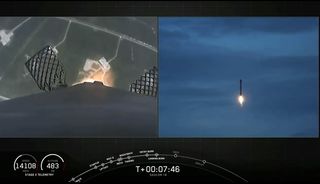 A SpaceX Falcon 9 rocket first stage returns to Earth for a touchdown at Landing Zone 1 at Cape Canaveral Air Force Station in Florida after the successful launch of Argentina's SAOCOM-1 Earth observation satellite and two rideshare payloads on Aug. 30, 2020.