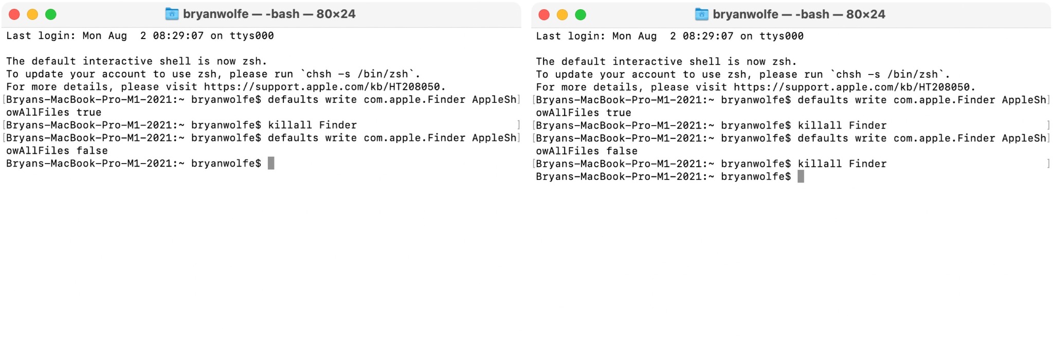 To find hidden files with Terminal, Type the following command into **Terminal** and then hit the Enter key: `defaults write com.apple.Finder AppleShowAllFiles false`, then type the following command into **Terminal** and then hit the Enter key: `killall Finder`