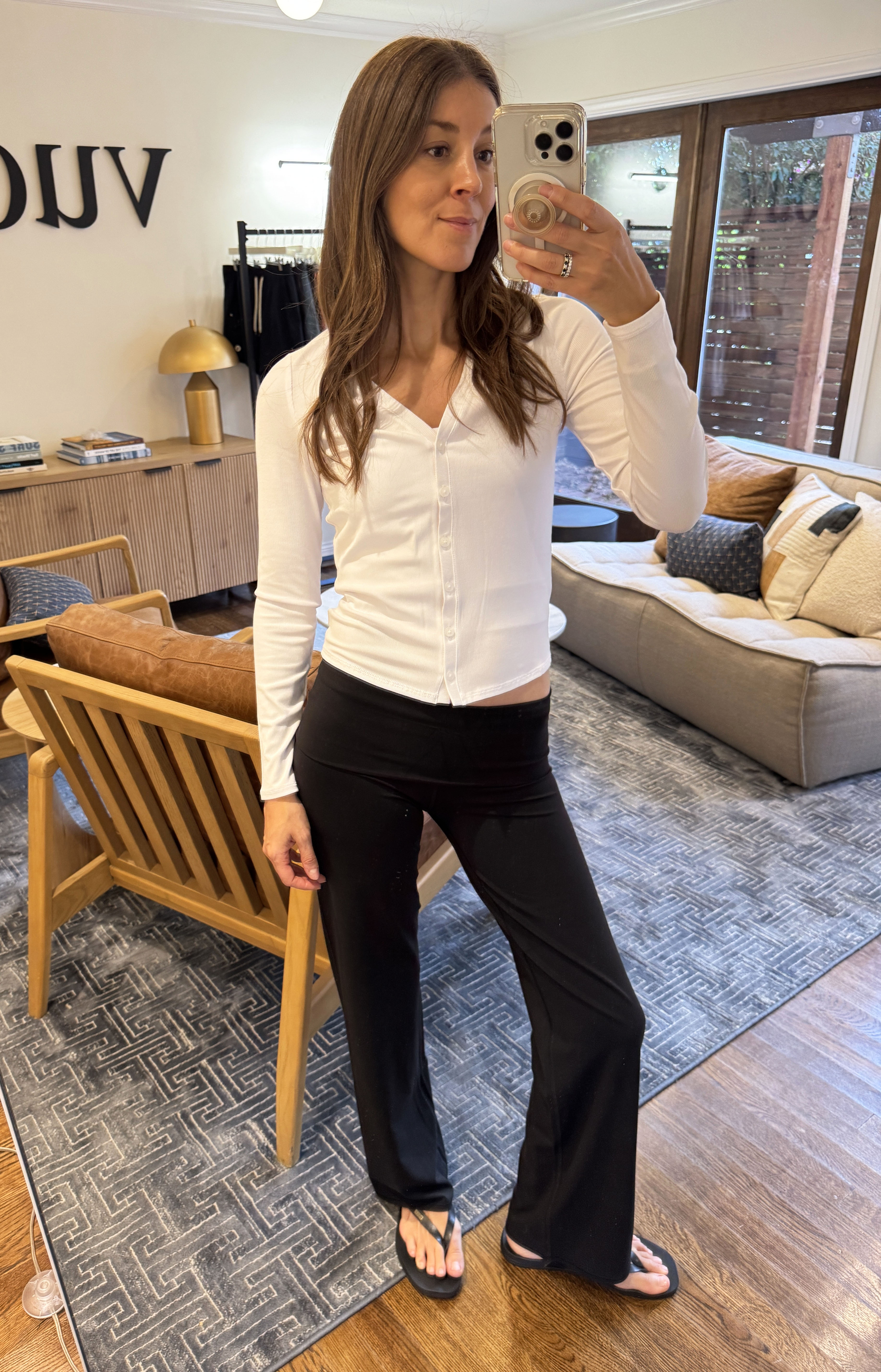 Judith Jones wearing Vuori top and black pants
