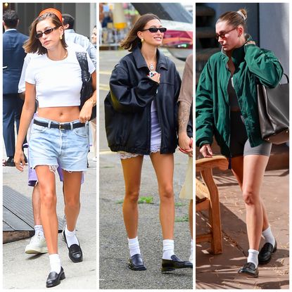 Hailey Bieber wearing loafers and socks