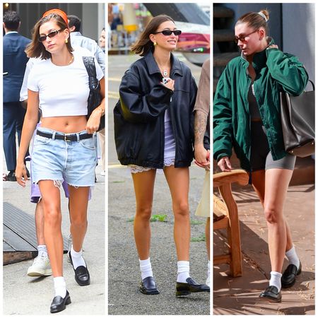 Hailey Bieber wearing loafers and socks 