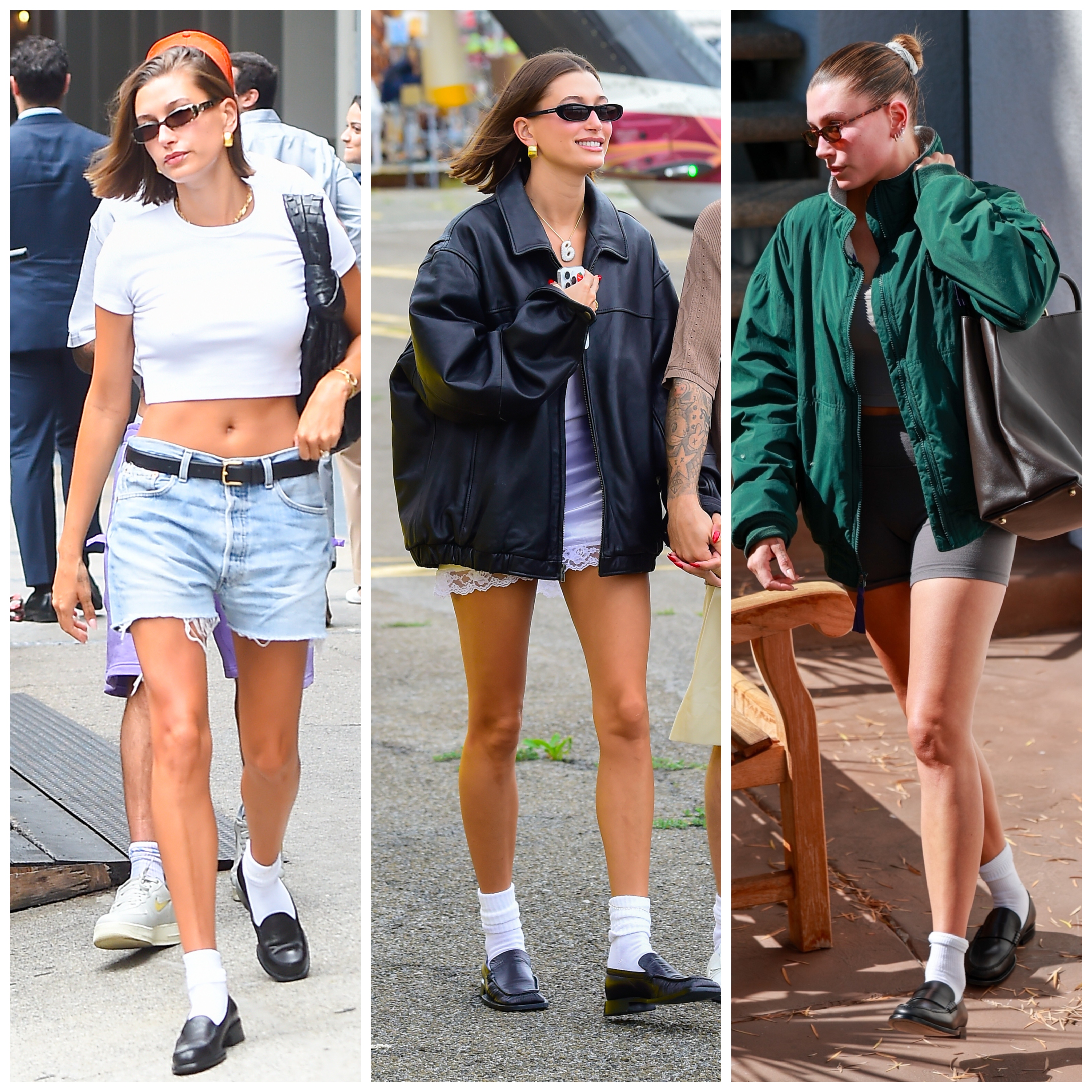 Hailey Bieber wearing loafers and socks 