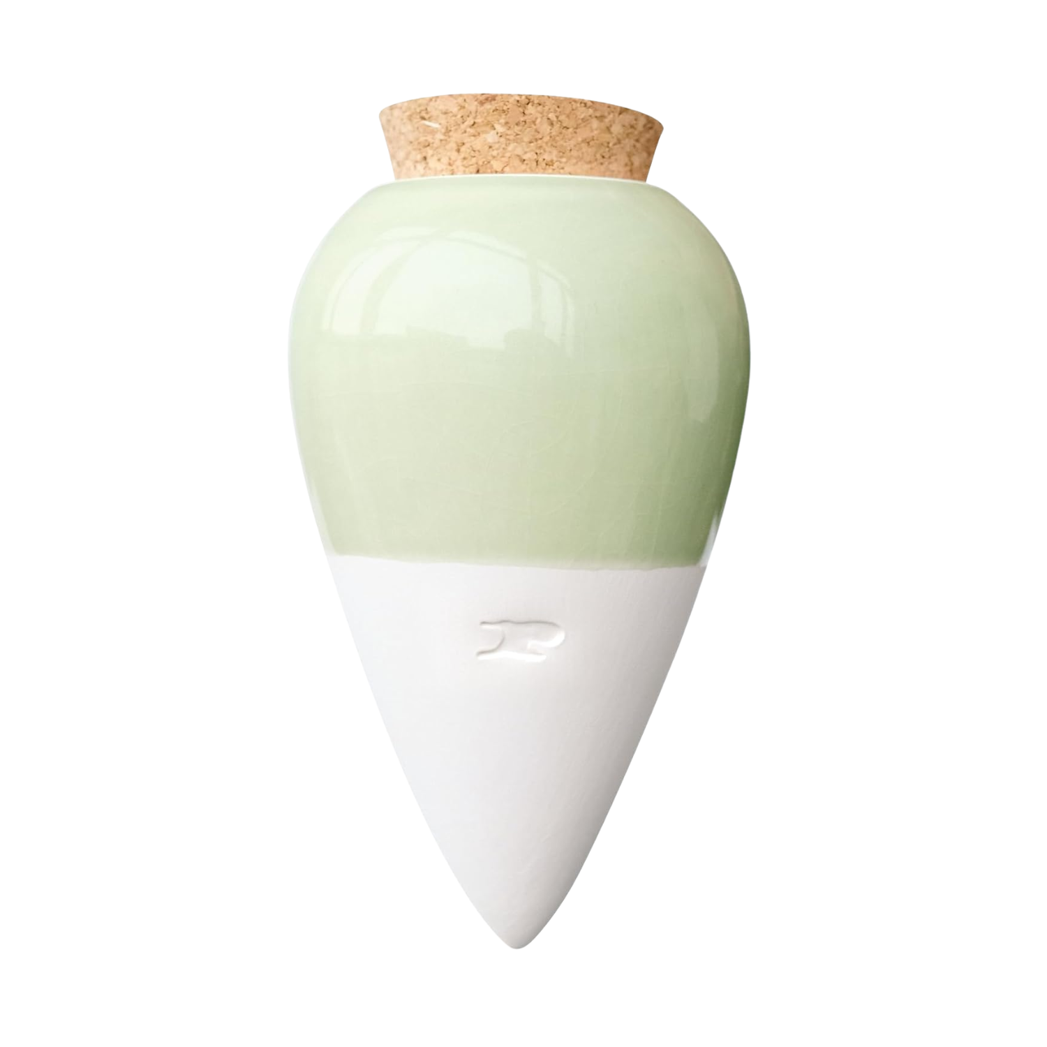 A terracotta olla with a light green and white glaze