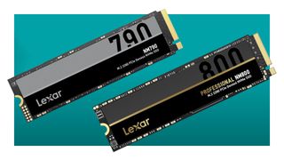 Two Lexar NVMe SSDs against a teal background, with a white border