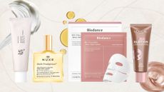 A collage featuring four under-&pound;20 products available at Boots from Beauty of Joseon, NUXE, Biodance and L'Oreal, on a cream background with stock images of skincare spills and drops