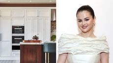 a split screen image with a white kitchen on the left and selena gomez on the right