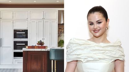 a split screen image with a white kitchen on the left and selena gomez on the right