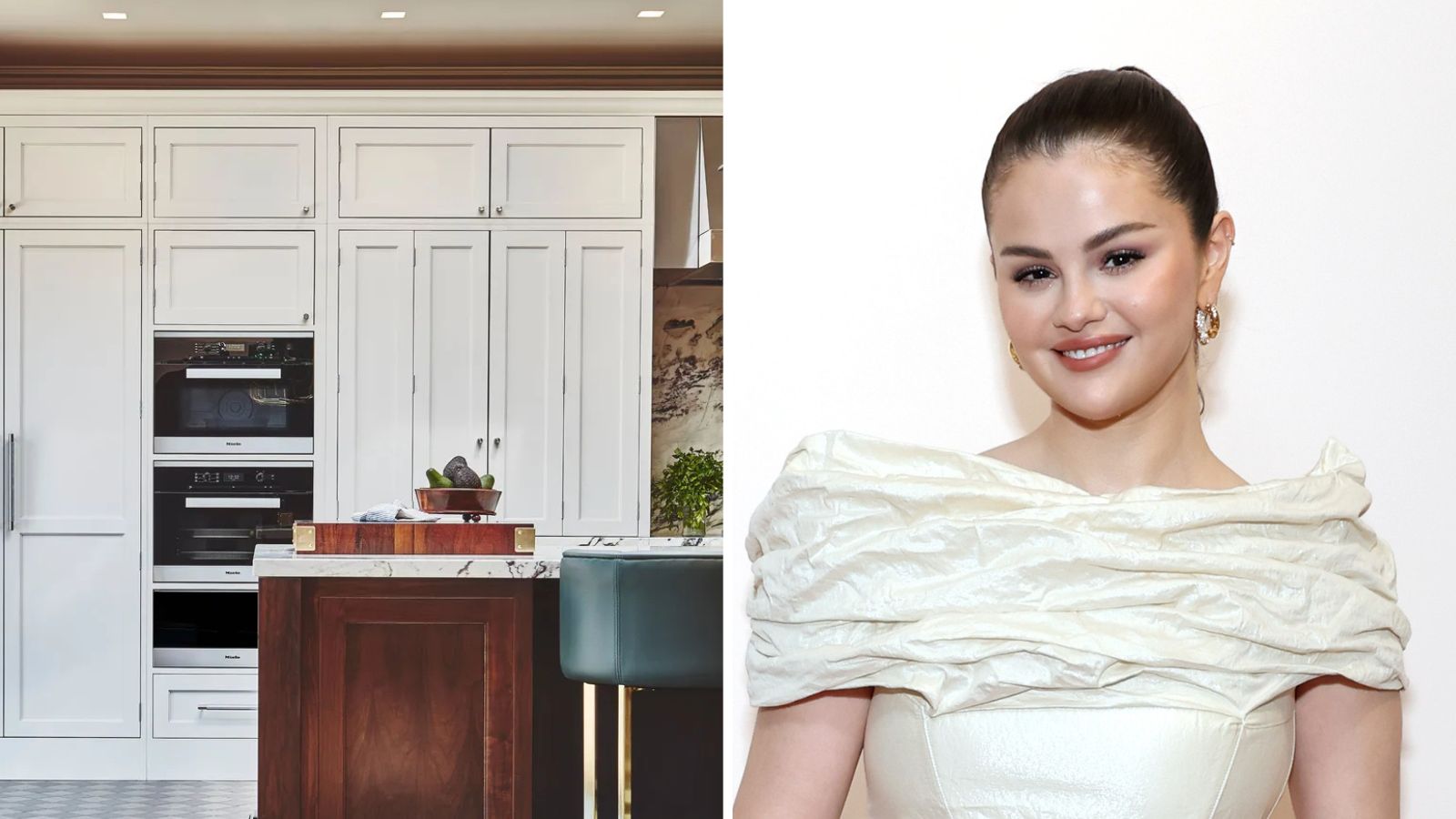 a split screen image with a white kitchen on the left and selena gomez on the right