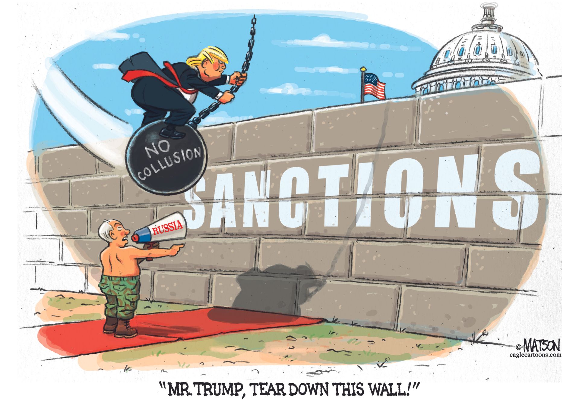 Political cartoon U.S. Trump no collusion sanctions wall Putin Russia ...