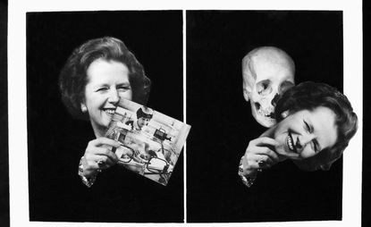 Artwork from Peter Kennard&#039;s ‘Archive of Dissent’ Whitechapel show, featuring skull with a Margaret Thatcher mask