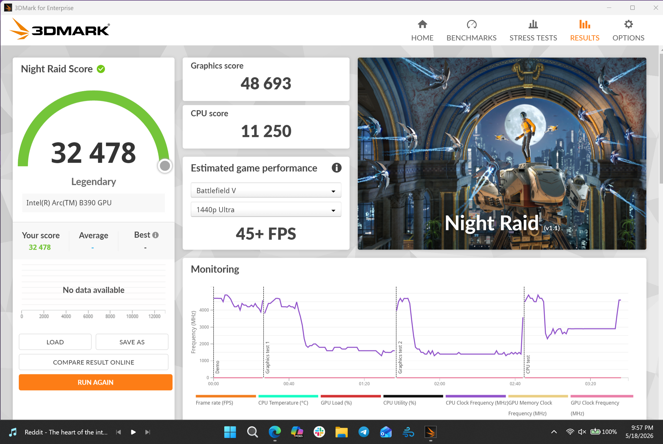 3DMark Night Raid benchmark results showing a score of 32,478, with a graphic score of 48,693 and CPU score of 11,250. Monitoring graphs included.