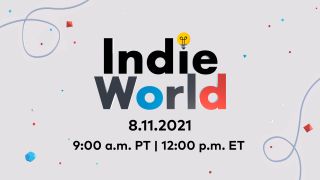 Indie World written on a grey background surrounded by red and blue confetti