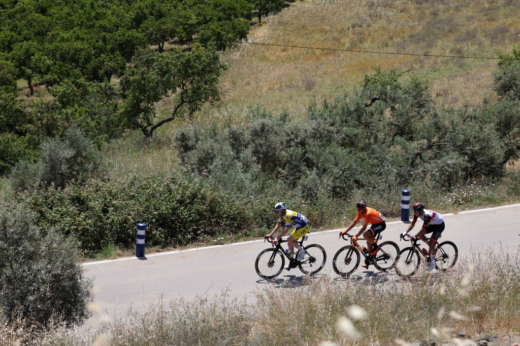 ZAHARA DE LA SIERRA SPAIN MAY 18 Antonio Jess Soto Guirao of Spain and Team Euskaltel Euskadi Rui Oliveira of Portugal and UAE Team Emirates Thomas Sprengers of Belgium and Team Sport Vlaanderen Baloise in breakaway during the 67th Vuelta A Andalucia Ruta Del Sol 2021 Stage 1 a 1521km stage from Mijas to Zahara de la Sierra 441m VCANDALUCIA on May 18 2021 in Zahara de la Sierra Spain Photo by Gonzalo Arroyo MorenoGetty Images