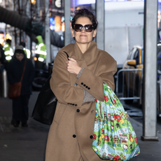 Katie Holmes is seen arriving at the matinee of 'Our Town' on December 26, 2024 in New York, New York. 