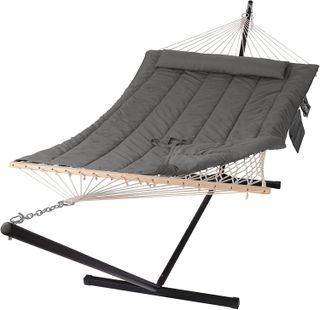 grey double hammock with a stand