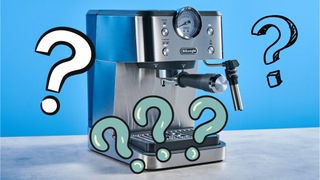 the de'longhi linea classic photographed against a blue tom's guide background with five question mark graphics from canva (credited) overlaid