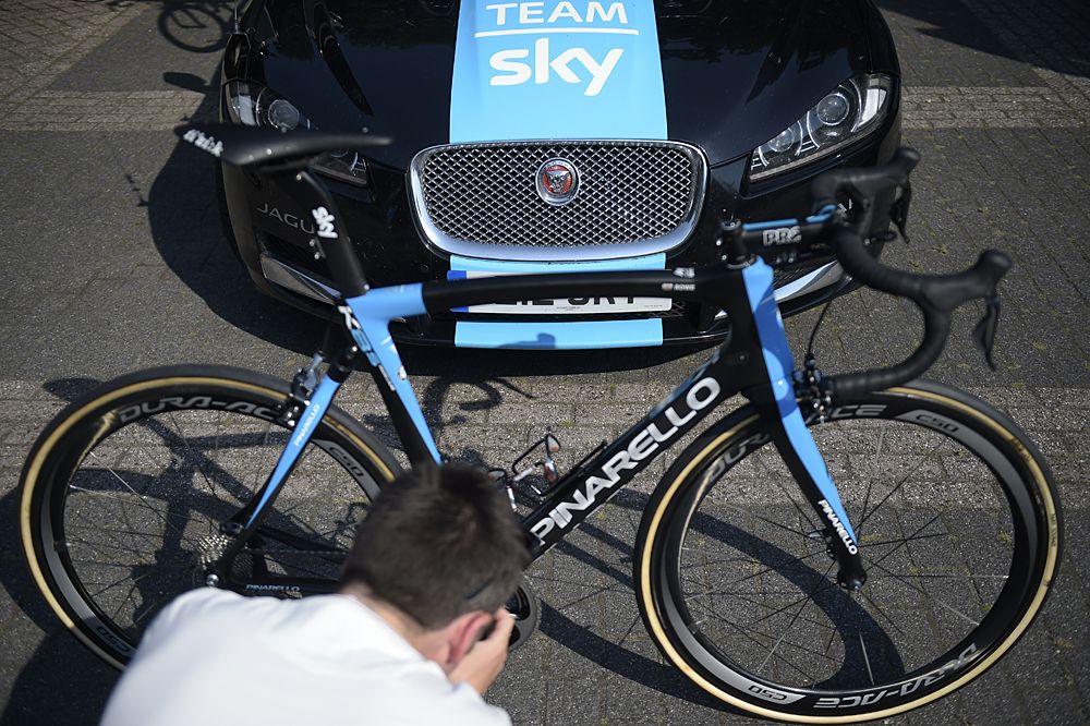 One of Team Sky's Pinarello bikes parked outside