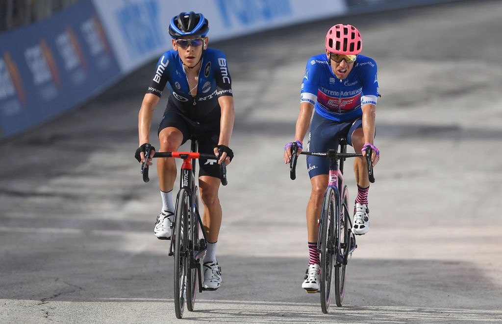 SARNANO ITALY SEPTEMBER 11 Arrival Louis Meintjes of South Africa and Team NTT Pro Cycling Michael Woods of Canada and Team EF Pro Cycling Blue Leader Jersey during the 55th TirrenoAdriatico 2020 Stage 5 a 202km stage from Norcia to SarnanoSassotetto 1335m TirrenAdriatico on September 11 2020 in Sarnano Italy Photo by Justin SetterfieldGetty Images