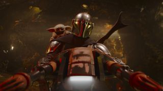 The Mandalorian driving a red hovercraft while holding Grogu in The Mandalorian and Grogu