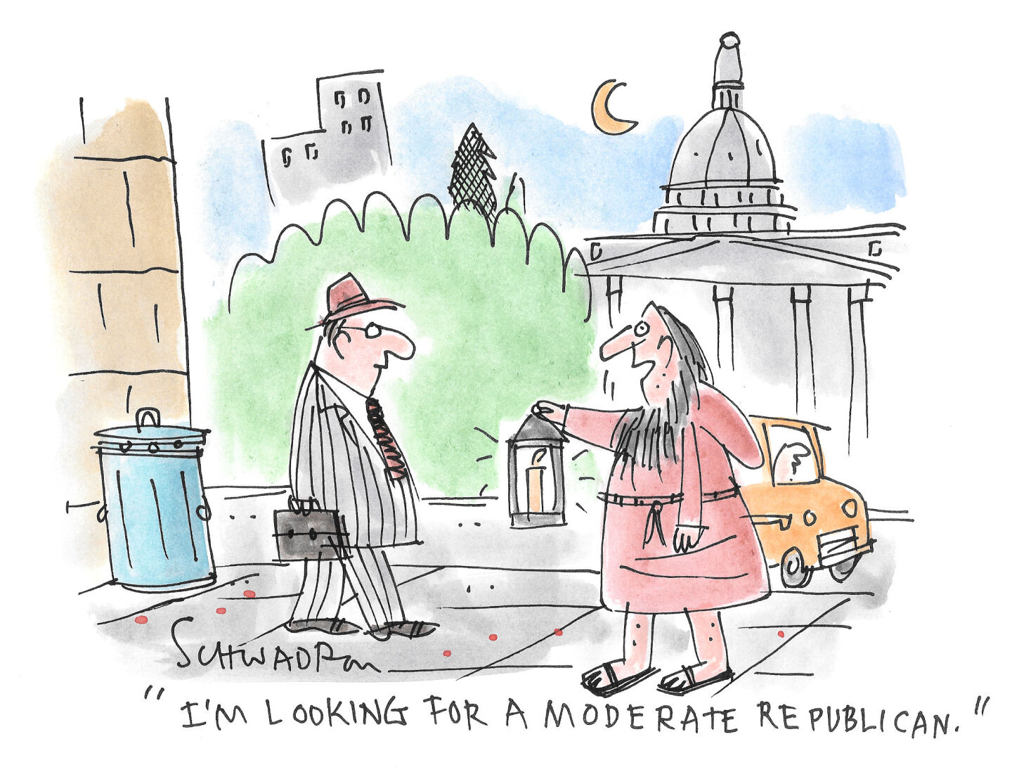 A man in a robe and sandals carries a candle-lit lamp on streets of modern-day Washington DC. He speaks to a man in a suit and says, &amp;ldquo;I&amp;rsquo;m looking for a moderate Republican.&amp;rdquo;