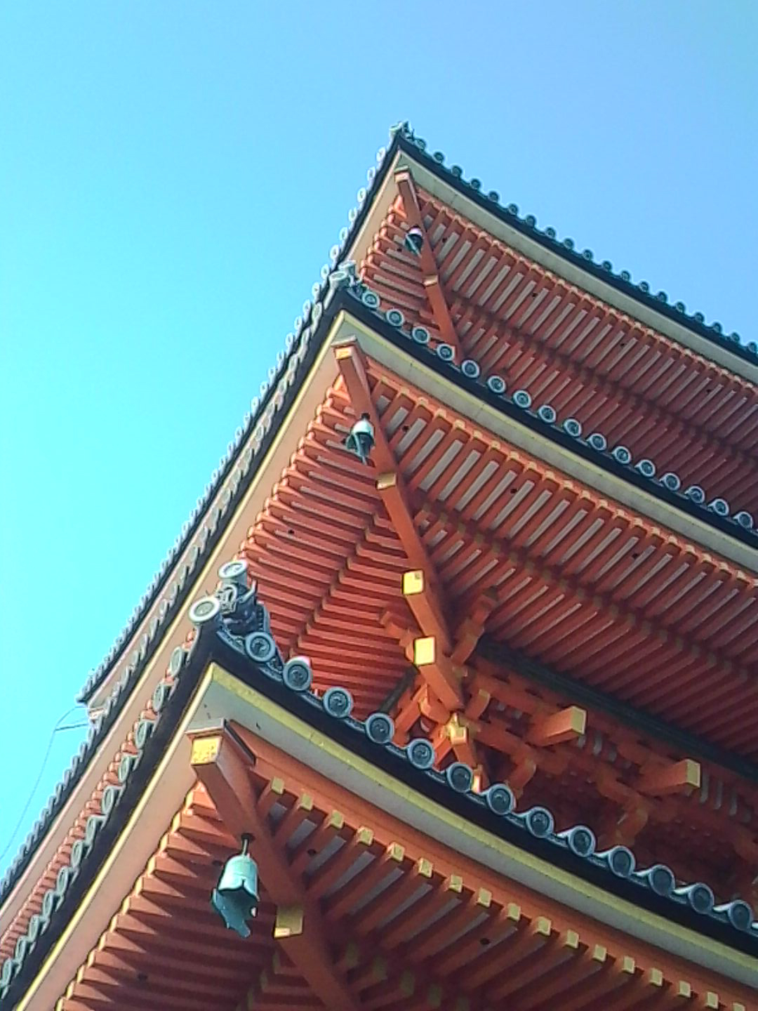 Ornate roof corner of a red Japanese temple against a clear blue sky.