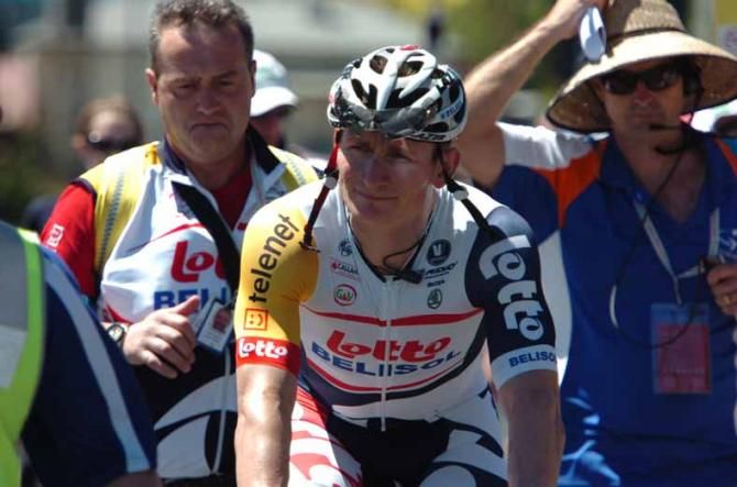 Andre Greipel (Lotto Belisol) soft-pedals towards the podium.