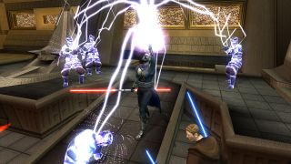 Image from the game Star Wars Knights of the Old Republic II: The Sith Lords. In the middle of a room there is a person holding a double-ended red lightsaber in their right hand and raising their left hand into the air. A massive blast of blue-white lightning is erupting from their left hand and zapping four enemies around the room. In the foreground there is also a man in a brown hooded robes wielding two blue lightsabers.