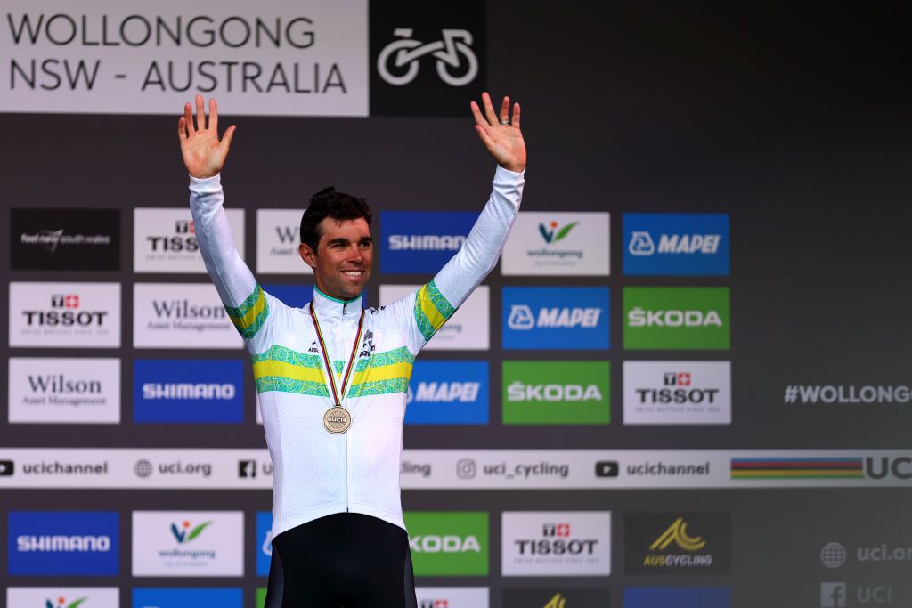 WOLLONGONG AUSTRALIA SEPTEMBER 25 Bronze medalist Michael Matthews of Australia poses on the podium during the medal ceremony after the 95th UCI Road World Championships 2022 Men Elite Road Race 