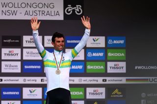 WOLLONGONG AUSTRALIA SEPTEMBER 25 Bronze medalist Michael Matthews of Australia poses on the podium during the medal ceremony after the 95th UCI Road World Championships 2022 Men Elite Road Race 