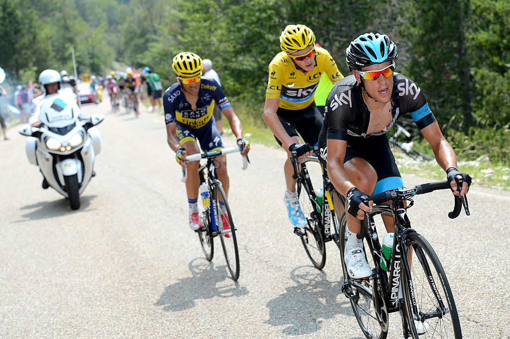 Cycling : 100th Tour de France 2013 / Stage 15 Richie Porte (Aus)/ Christopher Froome (GBr) Yellow jersey / Alberto Contador (Spa)/ Givors - Mont Ventoux (242,5Km)/ Ronde van Frankrijk TDF / Rite Etape / pool (c)Tim De Waele